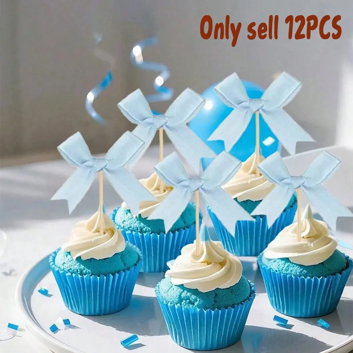 12 Bow Cupcake Decorations, Blue Ribbon Cupcake Toppers, Birthday Cake Decor, Wedding Party Valentine's Day Accessories