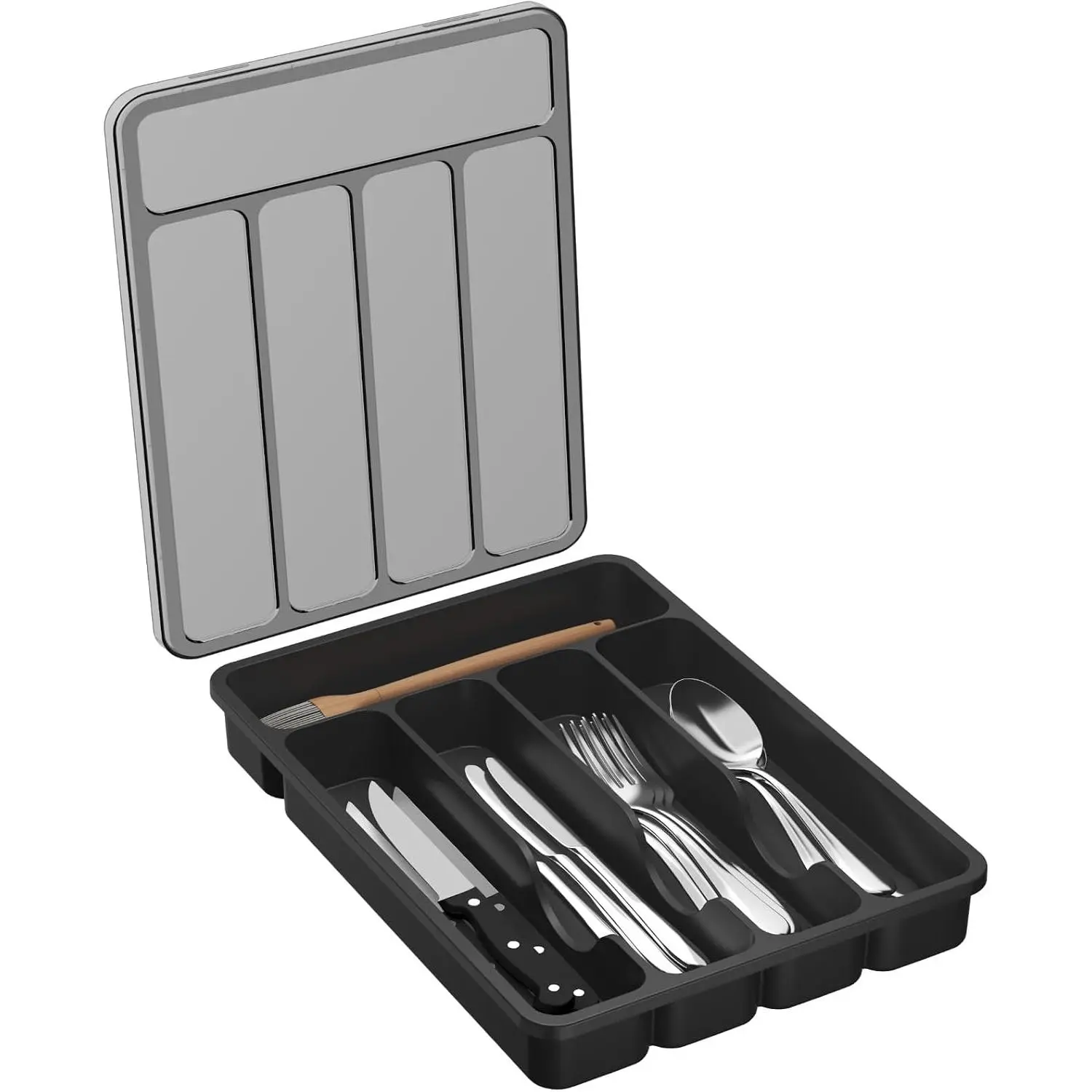 Silverware Organizer with Lid, Covered Utensil Tray for Kitchen Drawer and Countertop, Plastic Cutlery and Flatware Storage Box for Spoons Forks Knives Holder Case, 23 x 32 cm, Black
