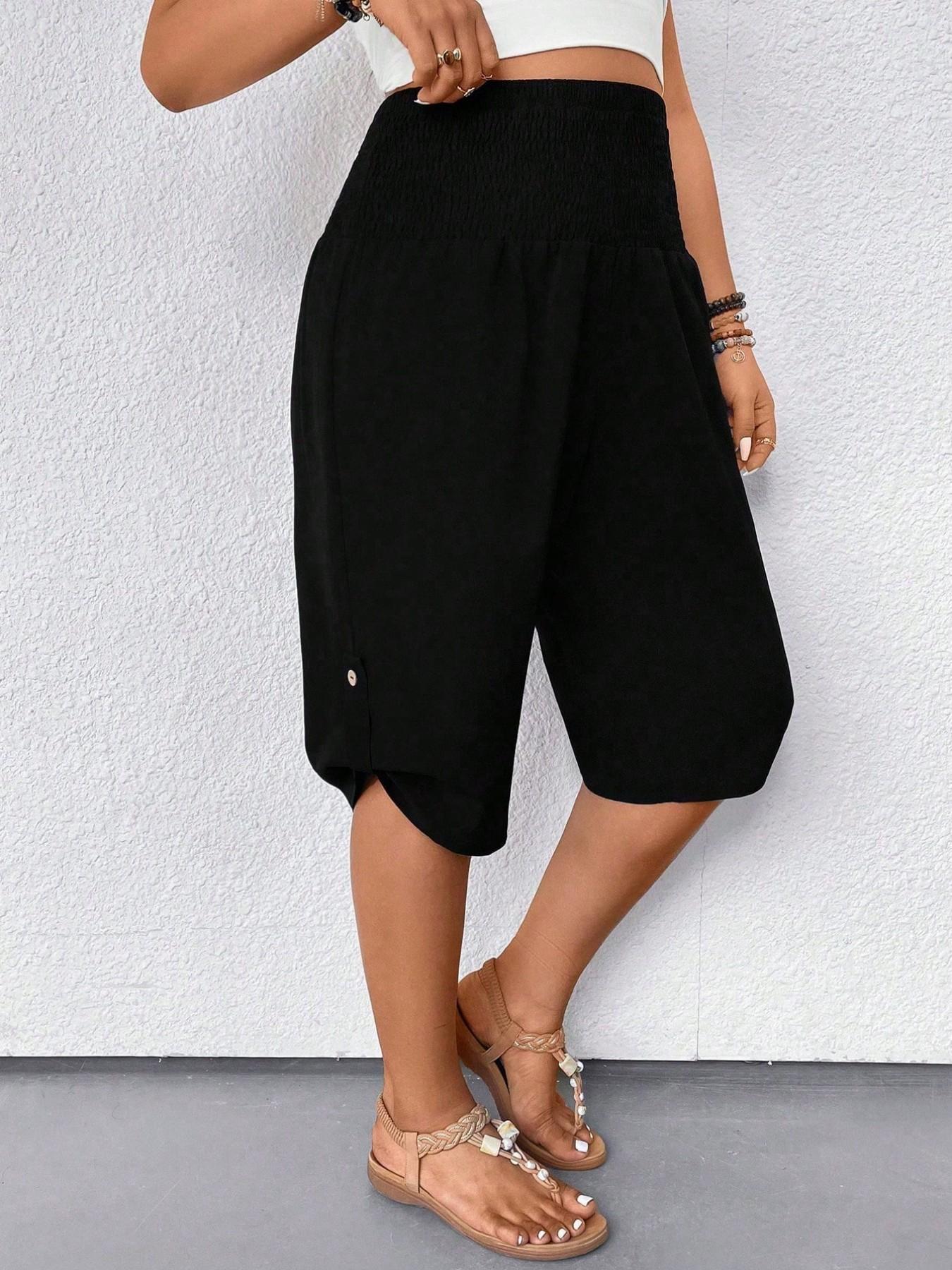Women's Casual Tummy Control High Waist Fitted Wide Leg Capri Pants Smocked Waist Button Hem Loose Fit Cropped Trousers Summer Shorts Beach Vacation Lounge Daily Work Outfits Solid Black Stretchy Soft Breathable Lightweight Spring Break 2026 Plus Size