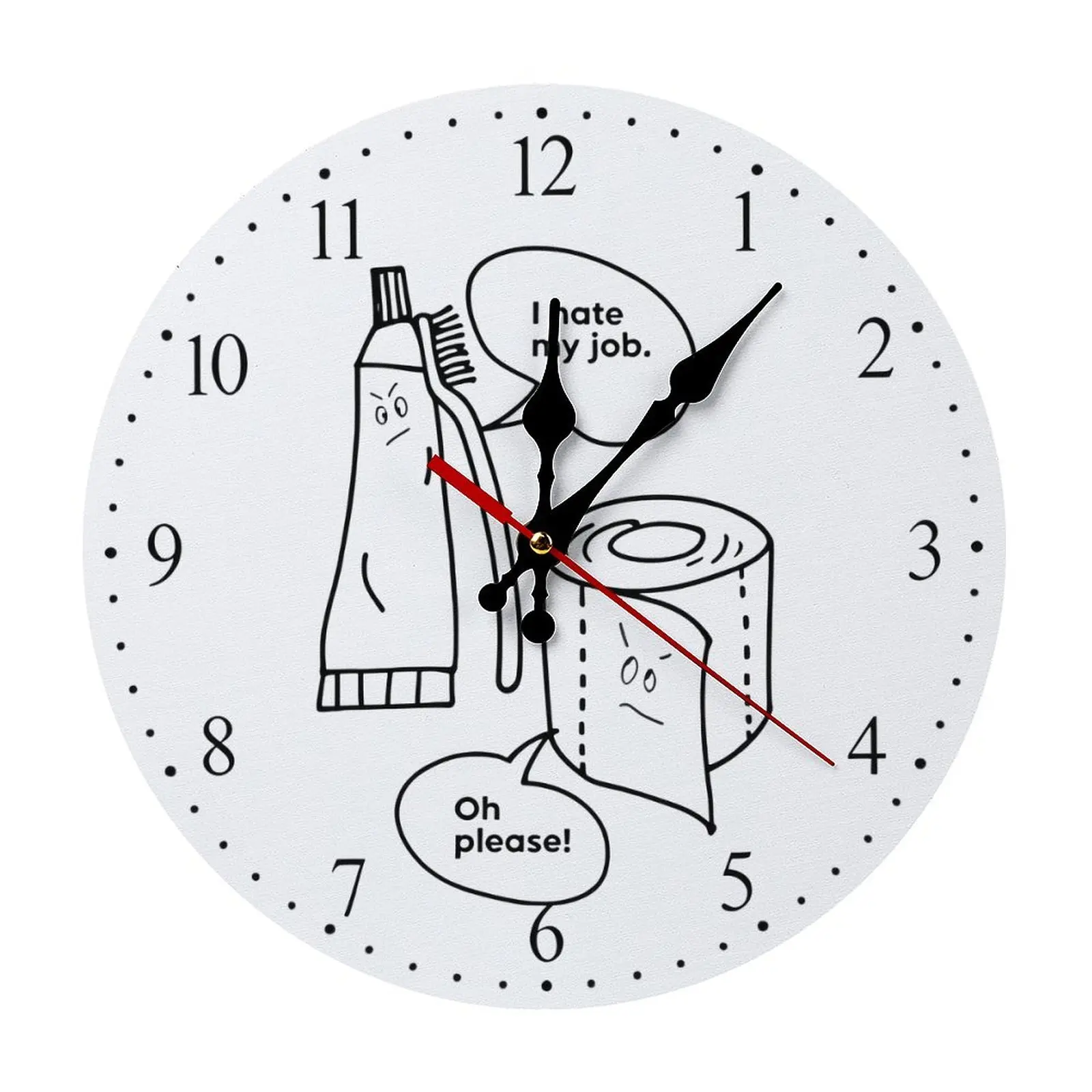Quartz Analog Clock - 10in Round Black Toothpaste Toilet Paper Themed Bathroom Decor, 12in Option, Funny Dial, Cartoonish Goofy Design, I Hate My Job Humor, Decorative Easy-Install Home Supply, Adult Birthday Gift