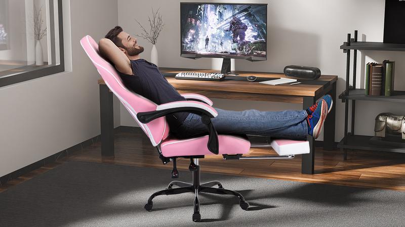Ergonomic Video Gamer Chairs,Computer Gaming Chairs with Massage Lumbar Support and footrest,Racing Style Computer Chair Adjustable Headrest for Adults,Pink White