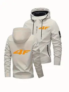 Men's Letter Print Hoodie Jacket, Outdoor Casual Motorcycle Style, Long Sleeve Spring Autumn Coat, Fashionable Leisure Top