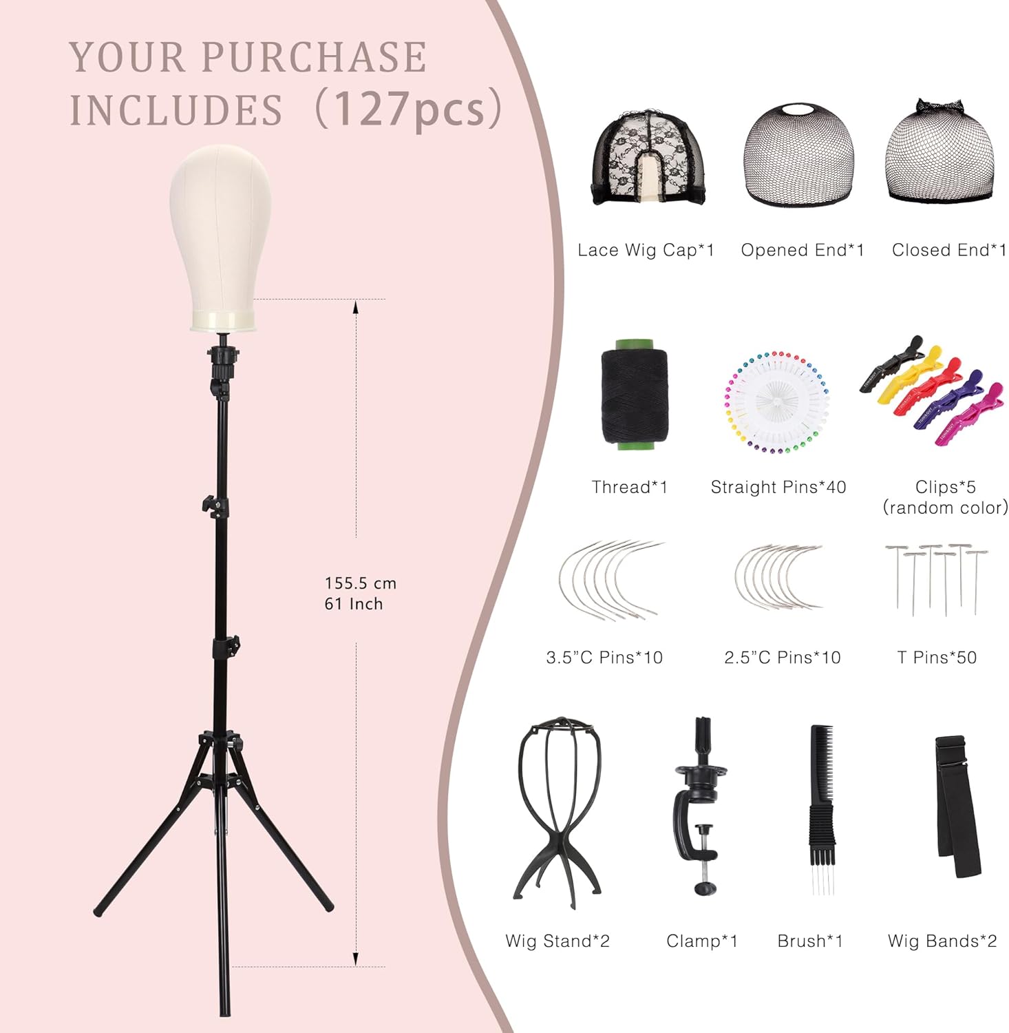 SUNDAY MIRTH 22'' Canvas Wig with 61'' Adjustable Tripod Stand, Mannequin Set for Styling, Display Includes Caps, Elastic Bands, Stand & Tool Kit for Beginners and Professionals SUNDAY MIRTH 22'' Canvas Wig with 61'' Adjustable Tripod Stand, Mannequin Set for Styling, Display Includes Caps, Elastic Bands, Stand & Tool Kit for Beginners and Professionals