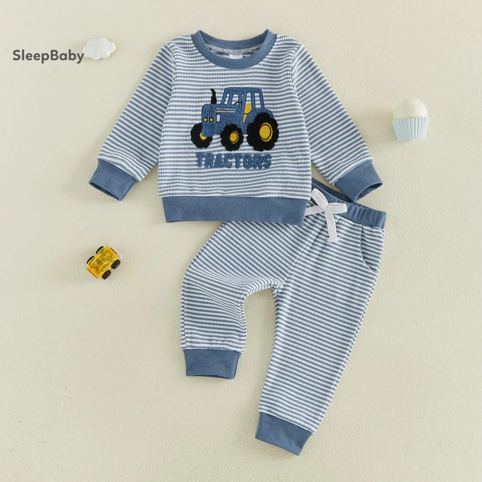 Little Boys' 2-Pieces Cotton Blend-Elastane Mix Soft Waffle Knit Outfit, Long Sleeve Striped Tractor Embroidery Crew Neck Loose Fit Shirts, Drawstring Pockets Jogger Pants for Cool Weather Farm Themed Use