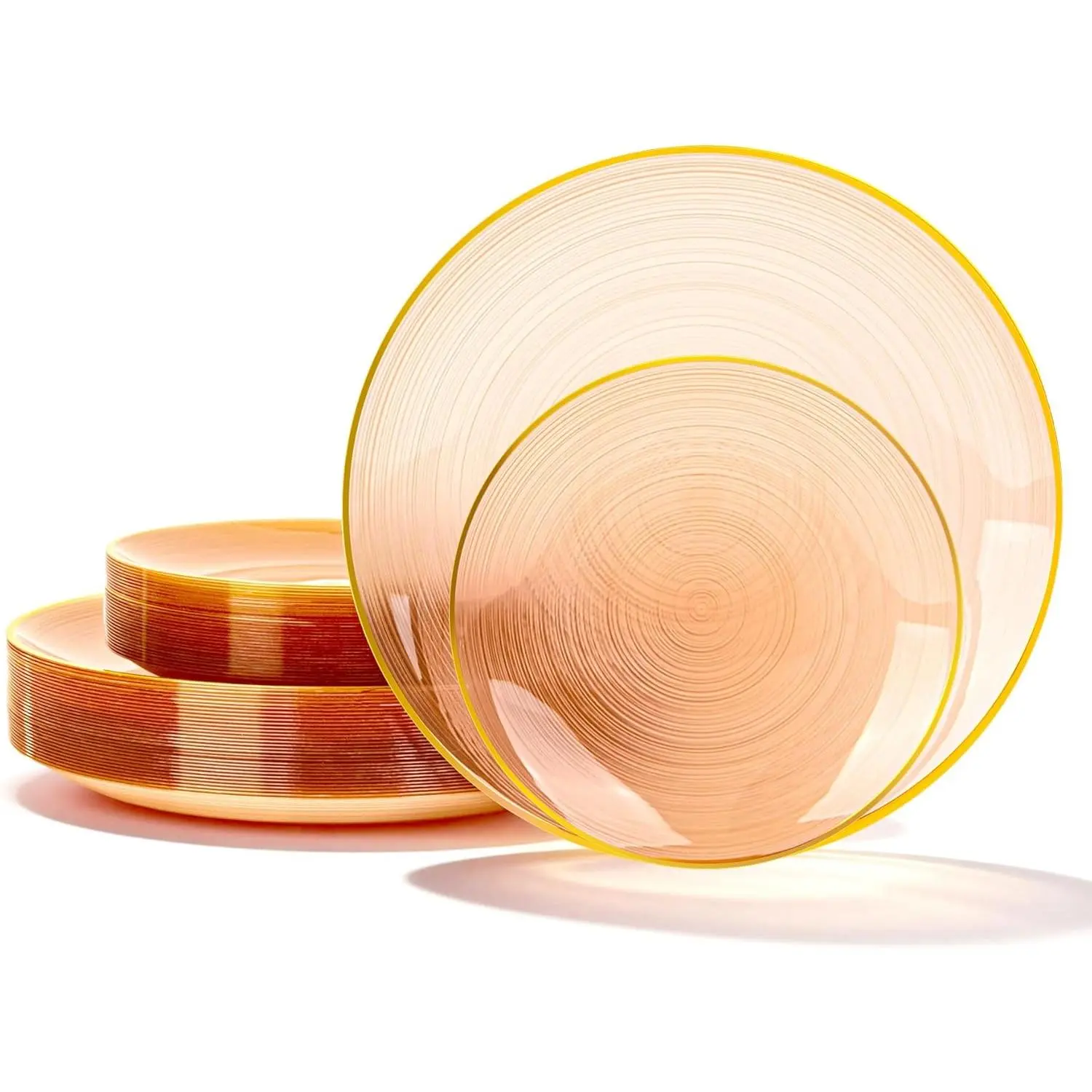 60PCS Heavy-Duty Translucent Orange Plastic Plates with Gold Rim, Fancy Round Ribbed Edge Disposable Set - 30 Dinner Size & 30 Dessert Plates for Sunset Soiree, Thanksgiving, Banquet Use