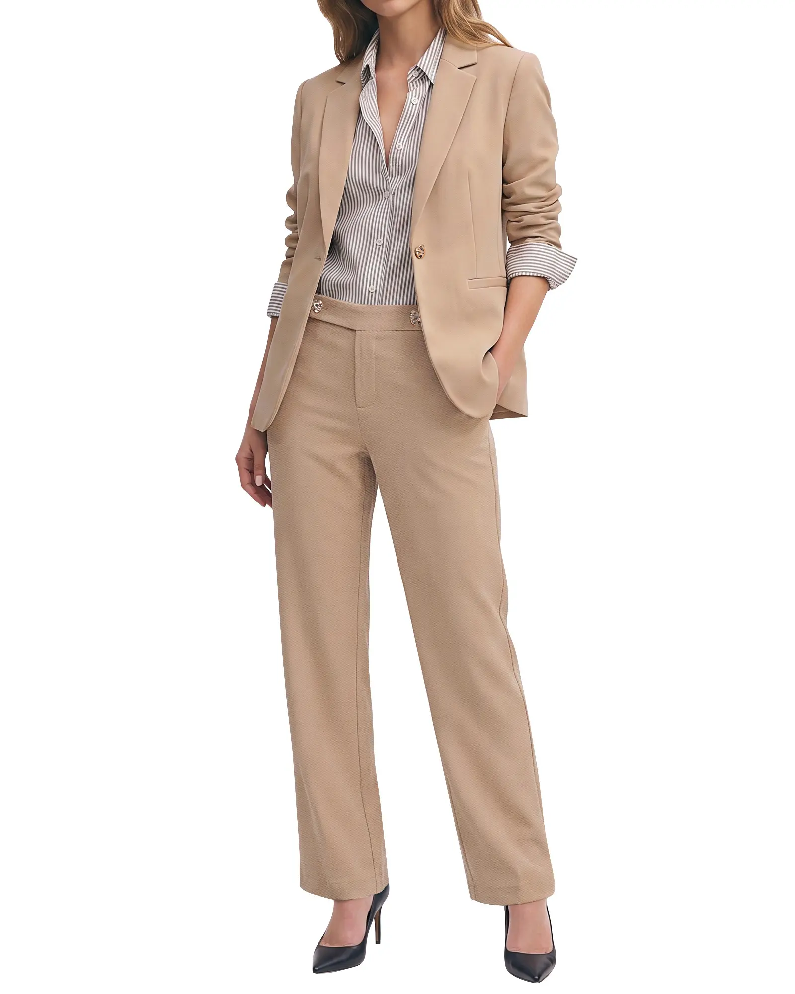 luvamia Pant Suits for Women Dressy 2 Piece Sets Business Casual Pants Set Single Button Blazers, Notch Collar, High Waisted Pants, 29" Inseam, Adjustable Dual Button Waistband, Elegant Office Outfits