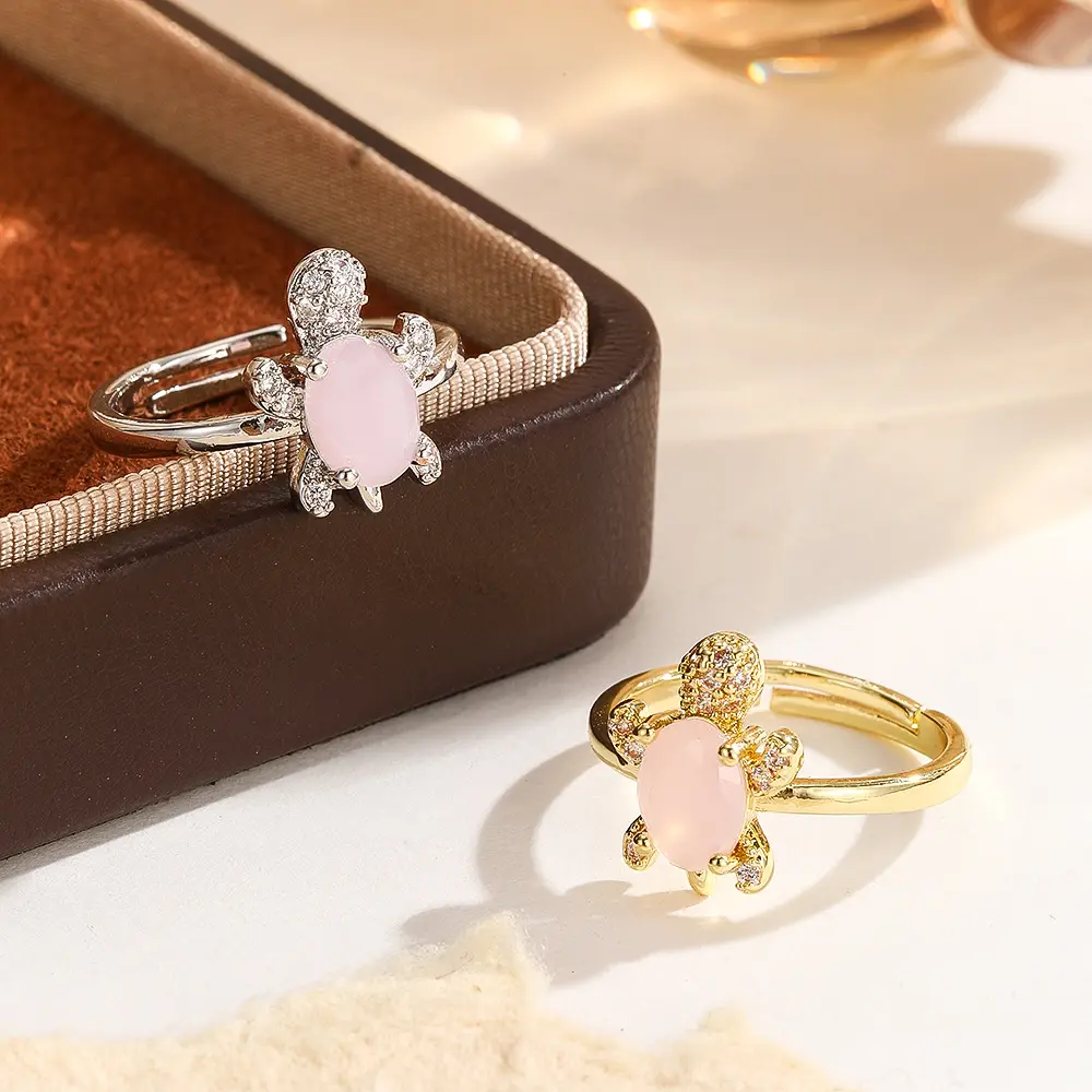 Sea Turtle Ring for Women with Pink Crystal, Adjustable Gold/Silver Plated Ocean Theme Band with CZ Pave, Rings For Women, Leather, Cowhide, Crystal Pave, Animal Jewelry