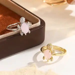 Adjustable Sea Turtle Ring for Women Pink Crystal CZ Pave Gold Silver Plated Ocean Animal Jewelry