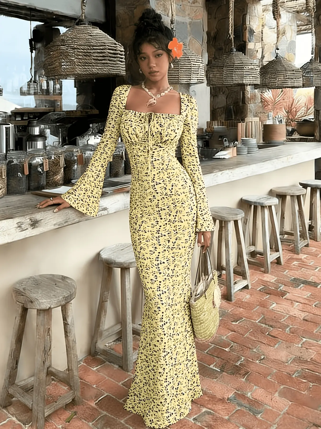 Women's Summer Fashion Chic Elegant Print Dress, Elegant Evening Wear, Square Neck Bell Sleeve Slim Fit Long Party Dress, Vacation Style Evening Gown
