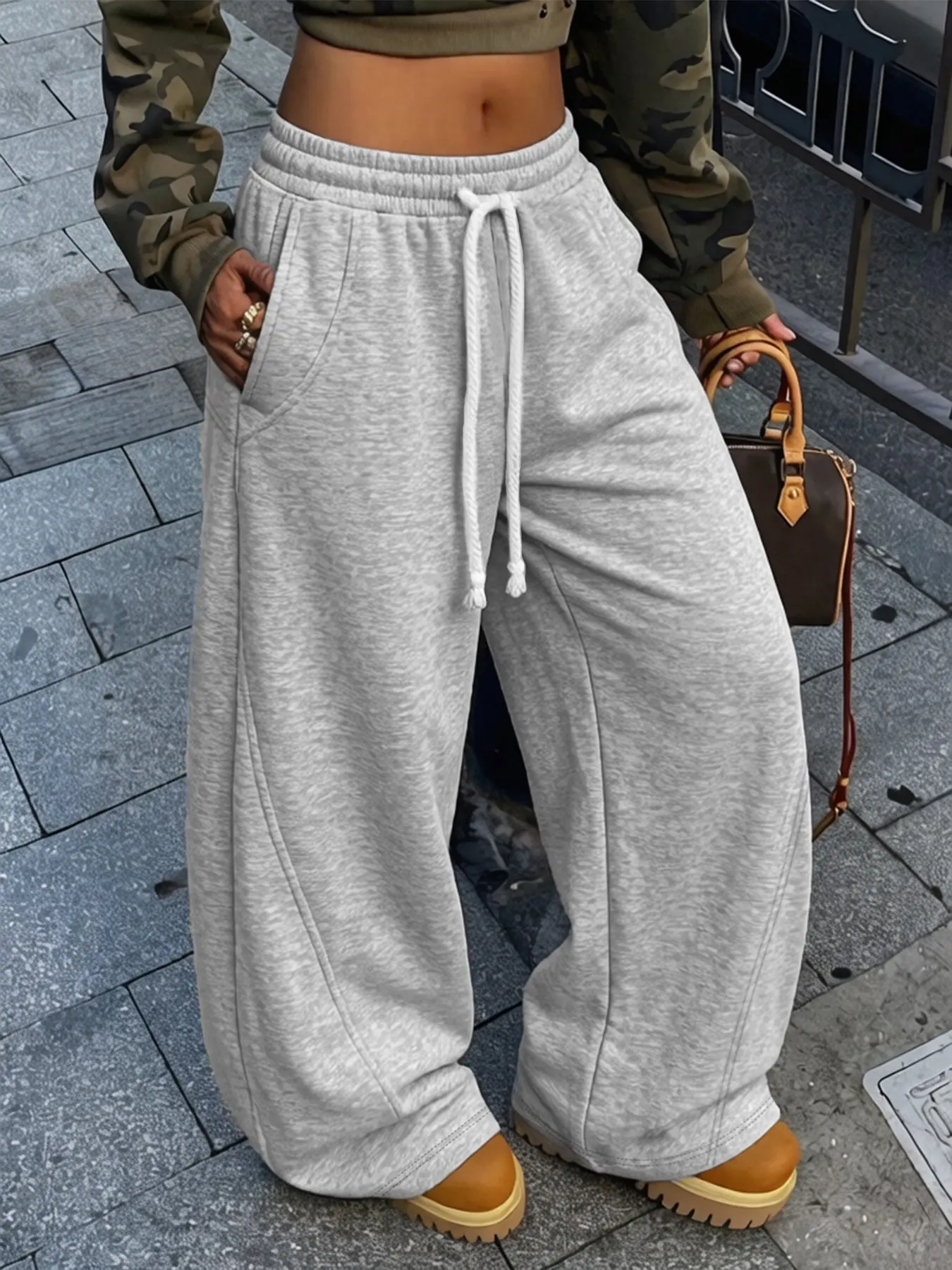 Women's Elastic Waist Loose Wide-Leg Sweatpants With Seam Details & Thick Twisted Drawstring Design, Suitable For Loungewear, Sports And Street Outfits
