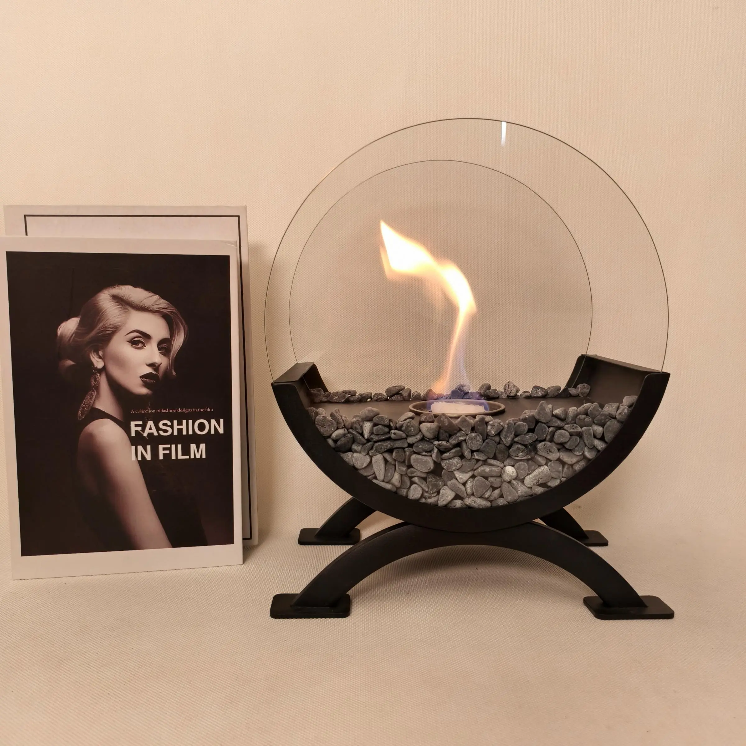 1pc Arched Half-Circle Desktop Alcohol Fireplace with Stones, Tabletop Fire Pit, Easy Installation, Bioethanol Flame, Warmth and Atmosphere for Home Dining Tables