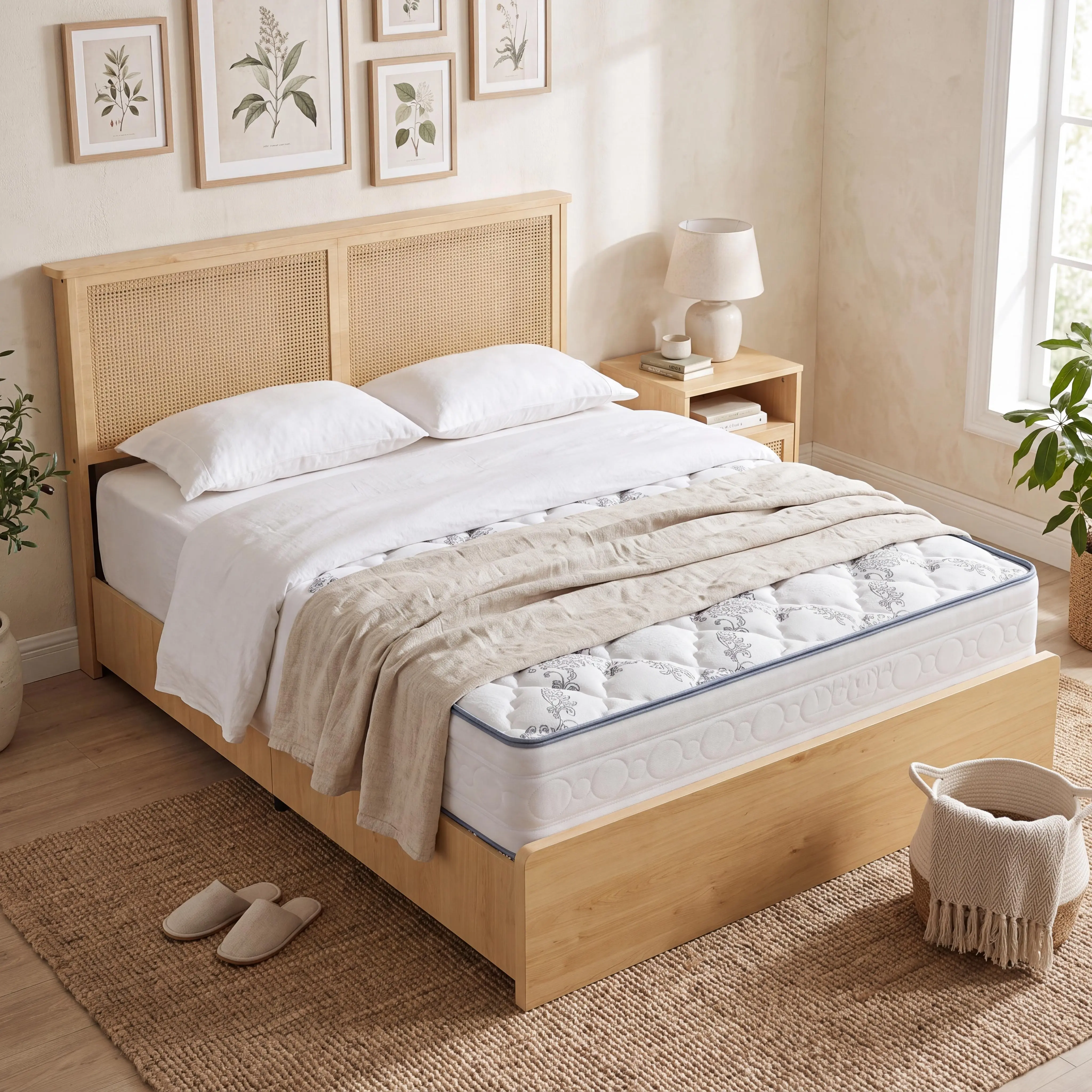Full Size Noise Free Platform Bed Frame with LED Light Rattan Headboard, Farmhouse Wooden Slat Mattress Foundation, No Box Spring Required, Natural Rattan Finish for Bedroom Decor