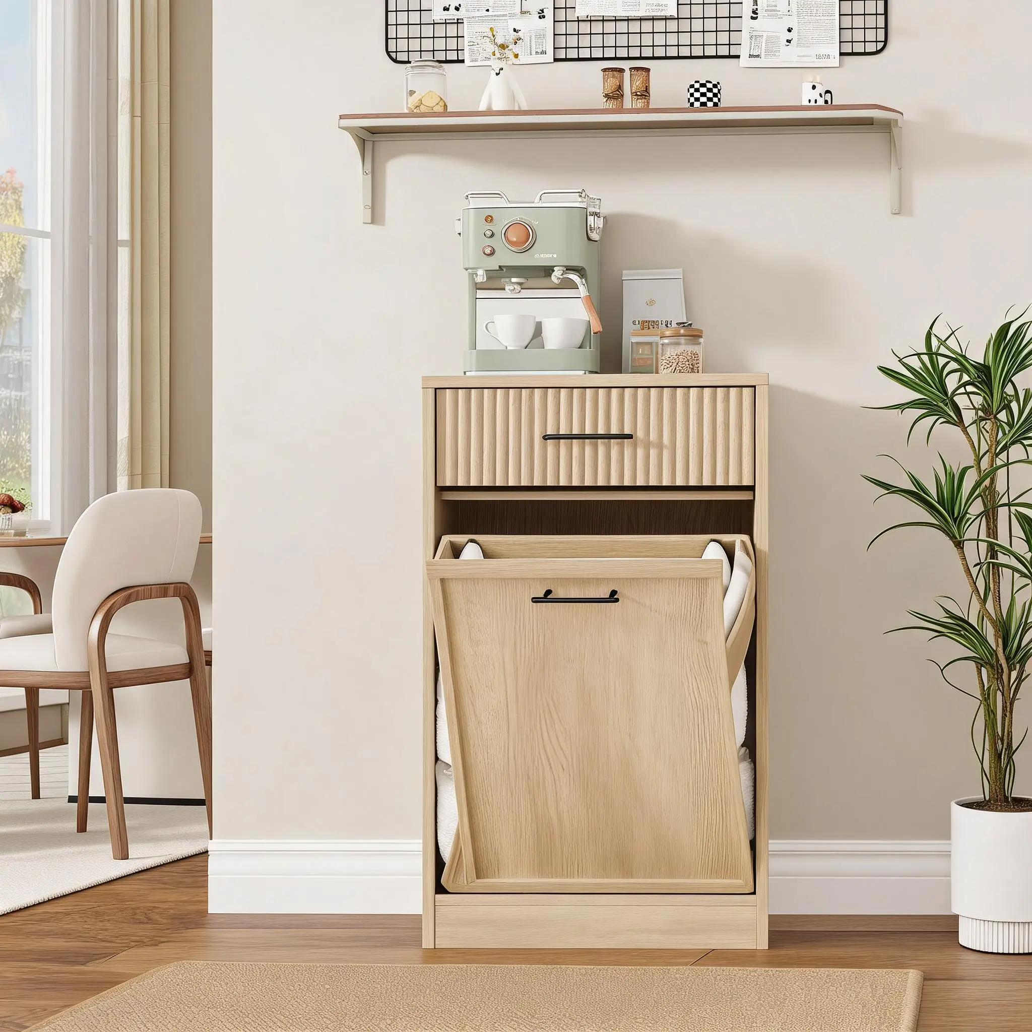 Fluted Tilt-Out Laundry Hamper Cabinet with Drawer - Removable Basket, Hidden Laundry Storage for Bathroom/Laundry Room - Natural Wood - Single Cabinet