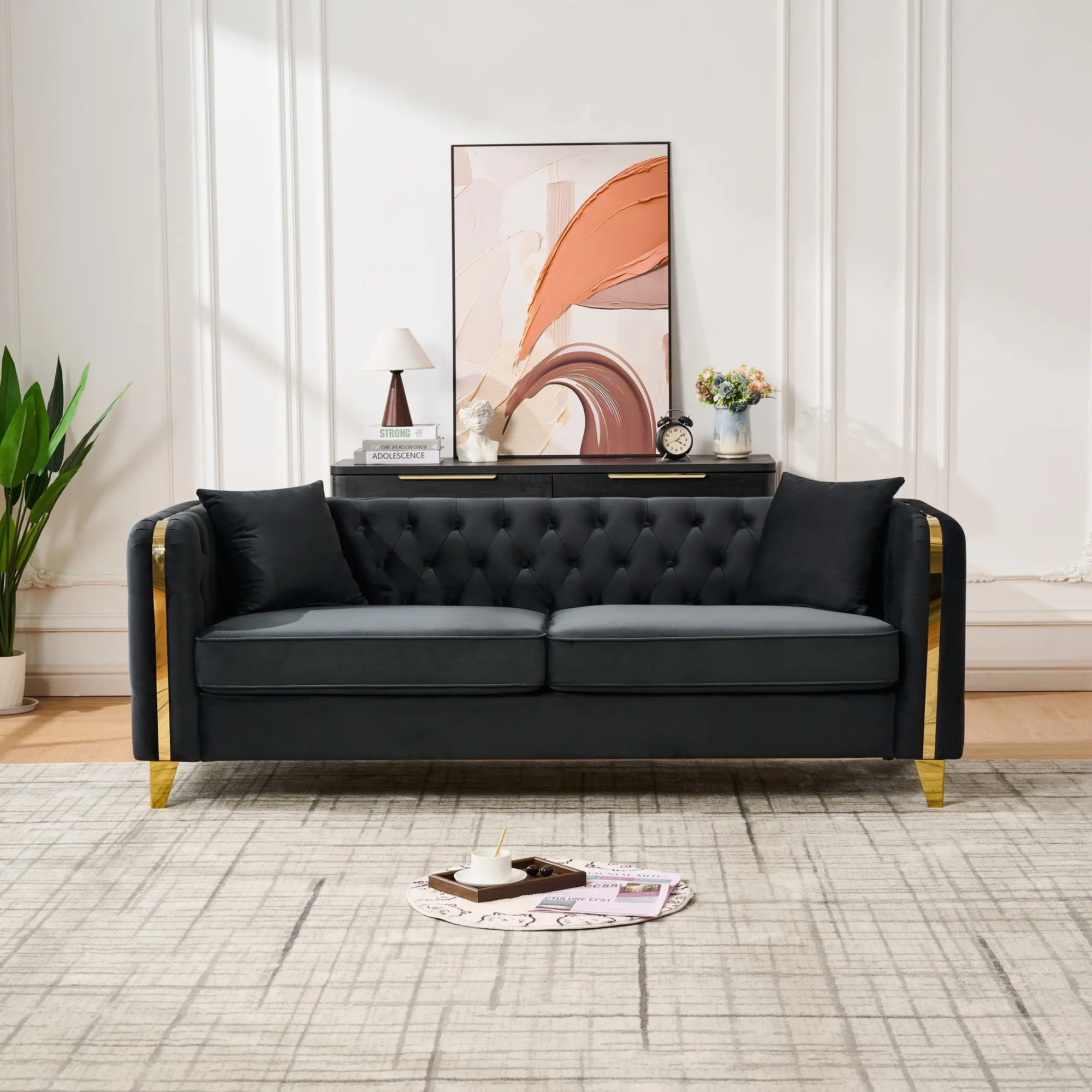 81 in Velvet Button Tufted Chesterfield Sofa with Rolled Arms, Gold Legs & Wood Frame - 3-Seat European Black Fabric Living Room Furniture for Bedroom Use, Three Seats