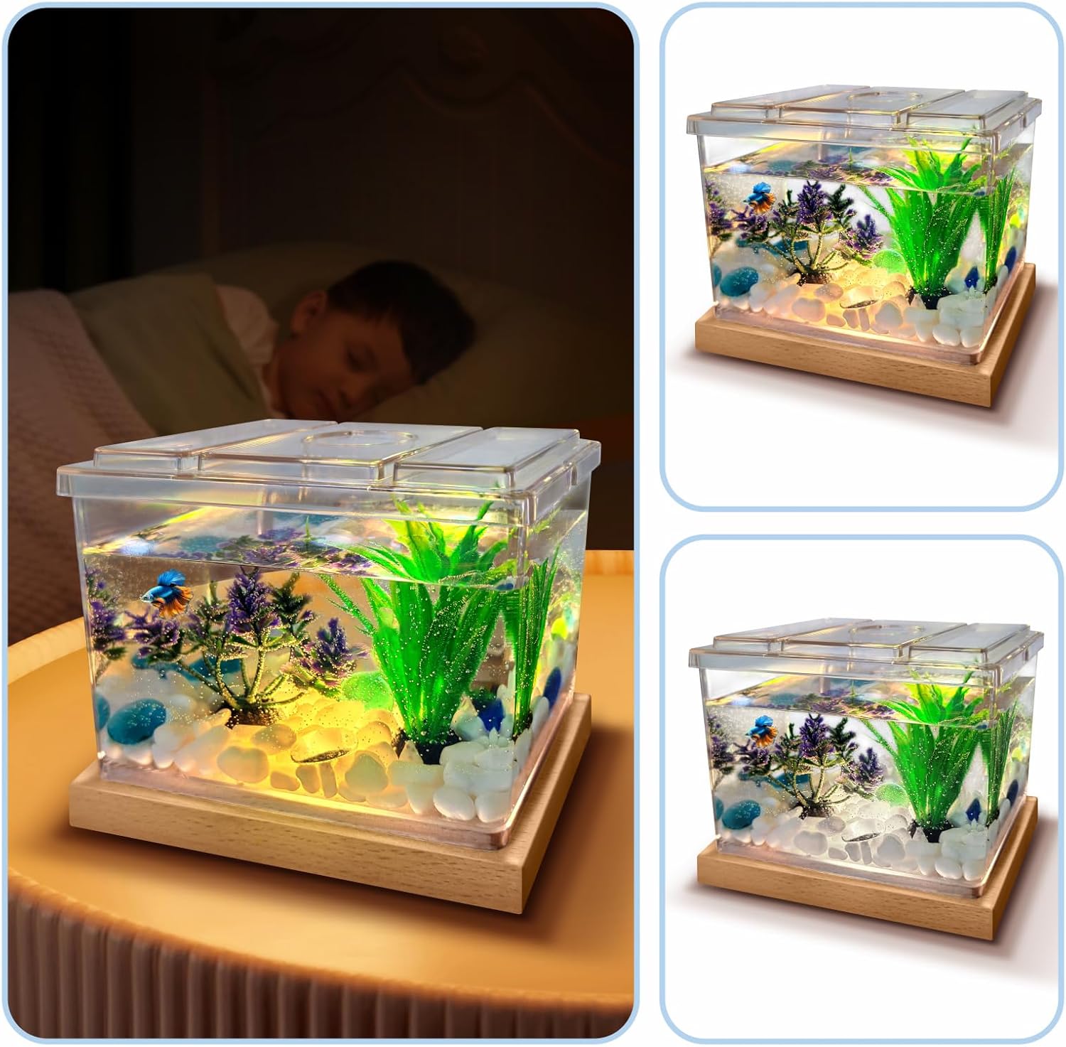 Mini Betta Fish Tank Kit with LED Light Base, Small Fish Bowl for Temporary Space, 0.2 Gallon Stackable Cube Tank with Artificial Plants for Small Fish, Insect, Shrimp, Crab, Spider (Kit-2)