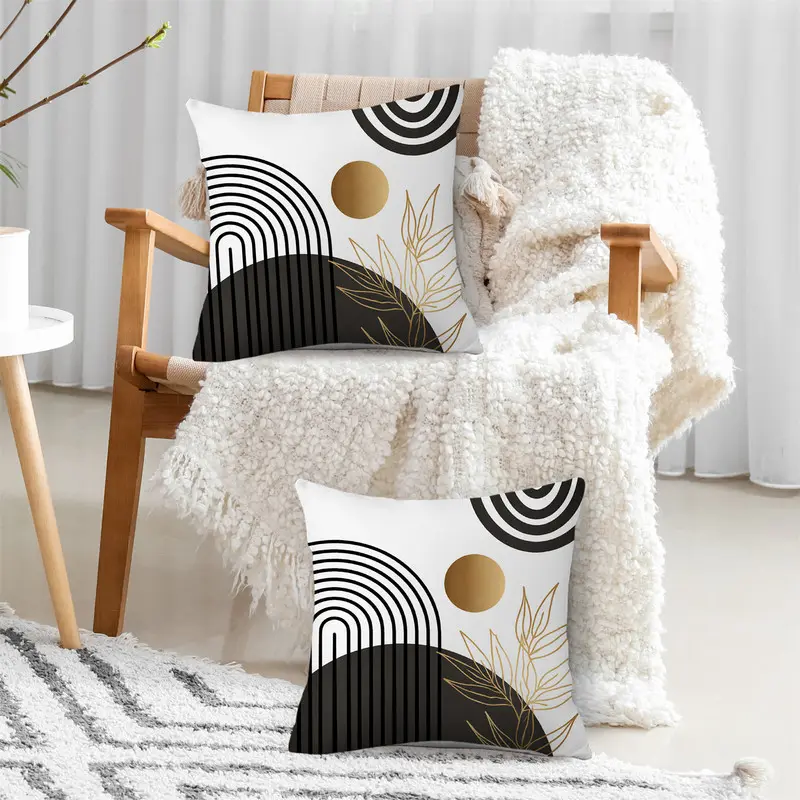 Set of 2 Seasonal Throw Pillow Covers Featuring a Geometric Design with Black And Golden Lines on a White Background, Suitable for Bedroom, Sofa, And Home Decor in Cottages And Gardens