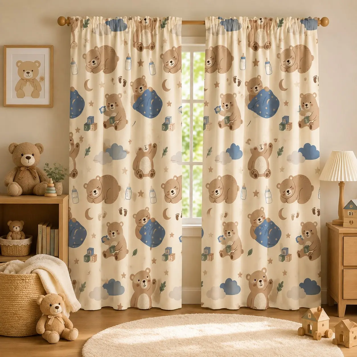 2-Pack Kids Room Curtains, Neutral Cartoon Teddy Bear Moon Cloud Star Design, Light Blocking, Insulating, Ideal for Baby Boys & Children Bedrooms