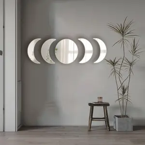 Interior Decorations5 Pieces Acrylic Mirror Wall Stickers Natural Wall Decor Self Adhesive Mirrors Stickers Moon Phase Mirror Bohemian Wall Decoration for Home Living Room Bathroom Bedroom Decor (15cm)