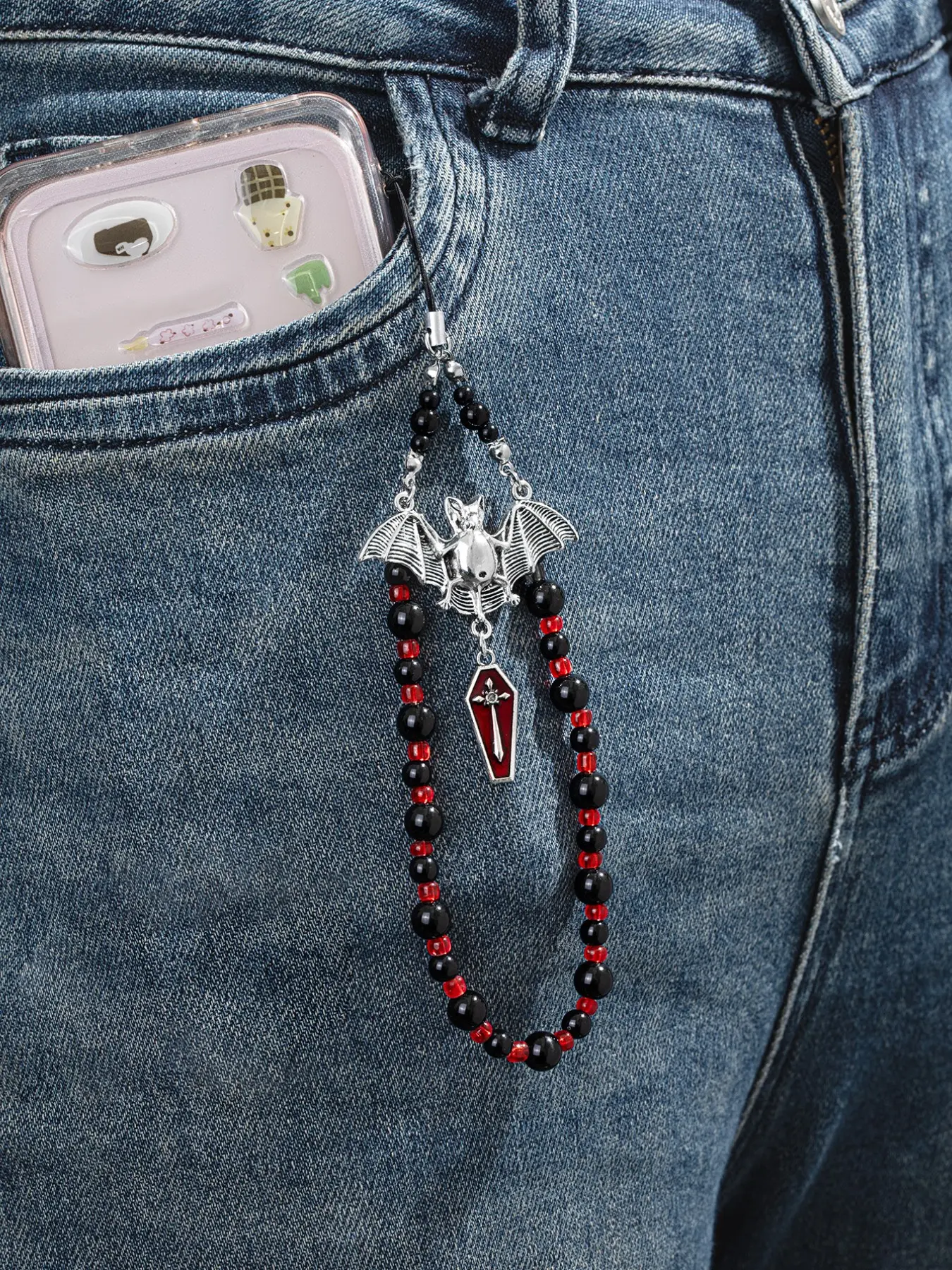 Dark Gothic Bat Cross Phone Strap, Beaded Anti-Loss Phone Chain, Unique Style Mobile Accessory, Fashionable and Practical