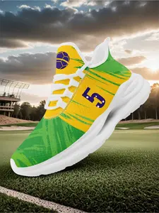 Men's Plus Size Shoes, BR Inspired Green & Yellow Soccer Print Sneakers, Number 5 Pattern Casual Sports Footwear