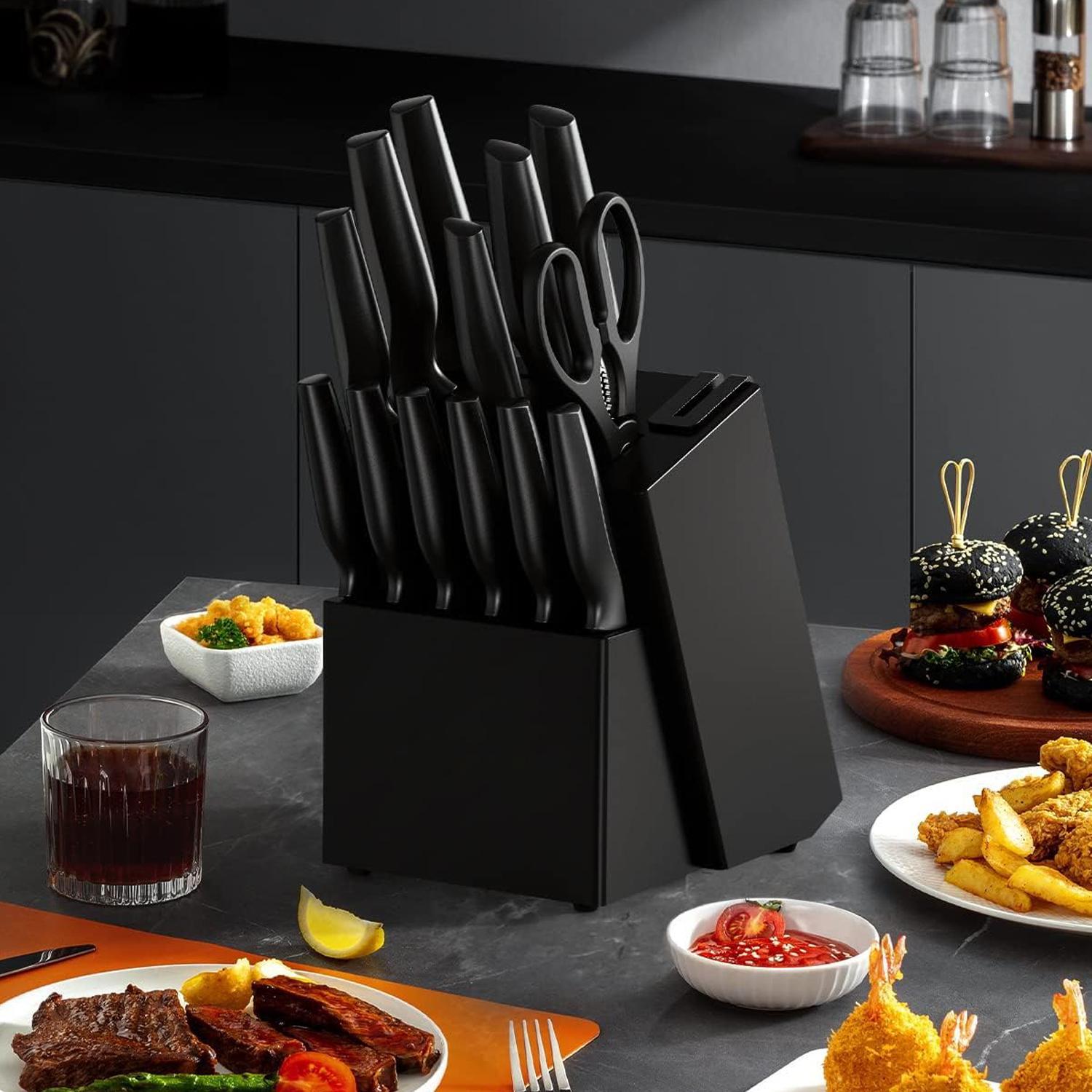 Kitchen Knife Set with Sharpener, 14pcs/set High Carbon Stainless Steel Cutting Knife Block Set with Ergonomic Handles, Knife Sets for Home Use Utensils