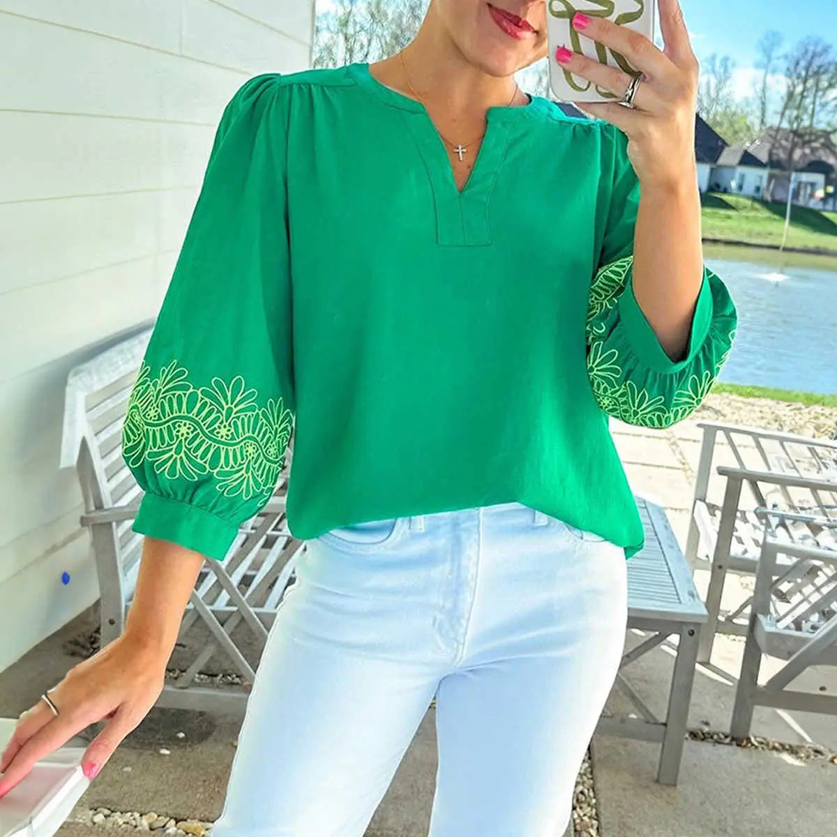 Elegant Floral Embroidered Blouse for Women, a Lady's Green 3/4 Sleeve V-Neck Top in Polyester for Effortless Elegance, Jeans