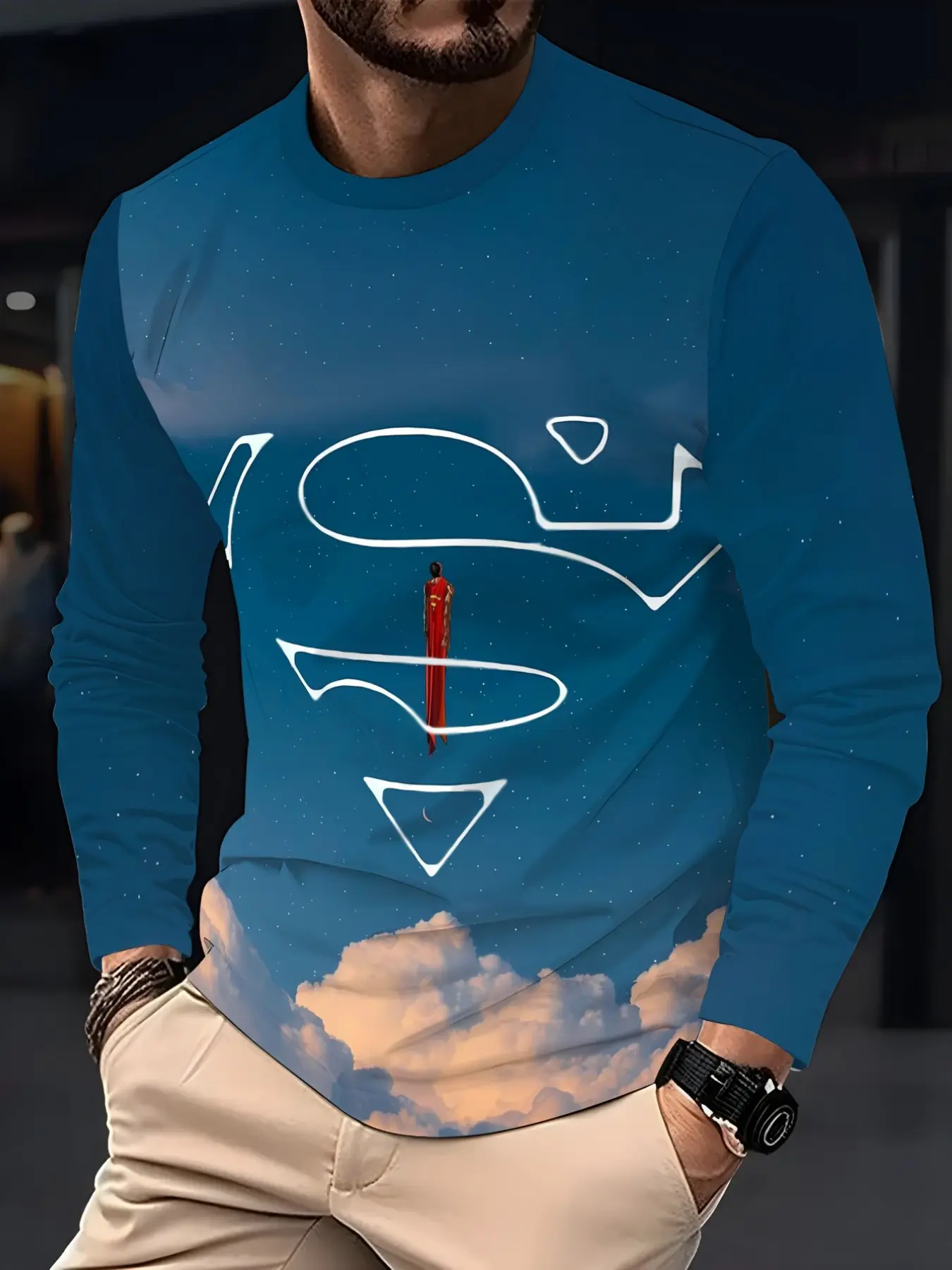 Warner Bros Men's Superman Silhouette Long Sleeve T-Shirt, Artistic Print, Casual Street Style, Round Neck, Loose Fit, All Seasons