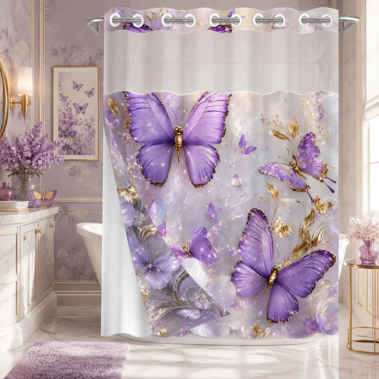 1PC 2D Flat Lavender Purple Butterfly & Gold Botanical Floral Pattern Double-Layer Woven Shower Curtain, No Hooks, Transparent Top Window, Removable Snap-On Liner, Elegant Luxury Bathroom Partition Art Decor, Bathroom & Holiday Decoration