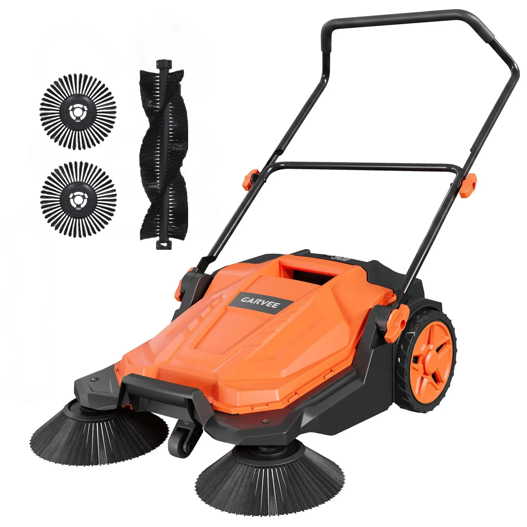 Manual Walk-Behind Push Floor Sweeper, 25.6 Inch Large Sweeping Width Floor Cleaner with 5-Gallon Bin & Adjustable Folding Handle, Non-Electric Labor-Saving Outdoor Cleaning Tool for Garage, Workshop, Driveway & Patio