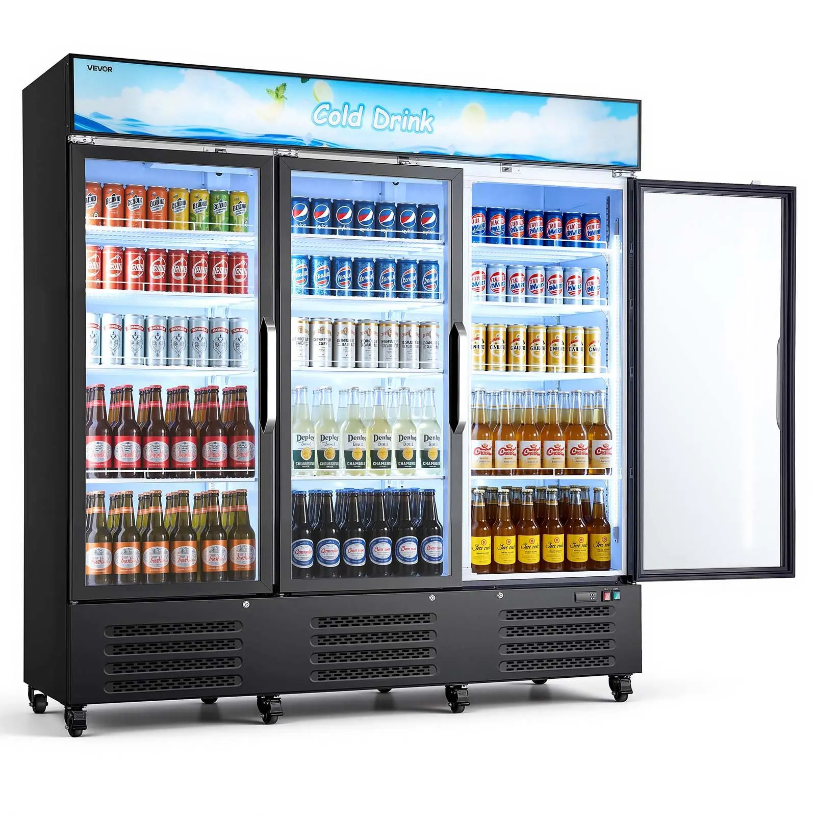 VEVOR Commercial Merchandiser Refrigerator, 54.3 Cu. Ft/1538L Upright Beverage Cooler with 3 Glass Doors, Customizable Lightbox, 12 Adjustable Shelves, Soft LED Lighting, and Casters