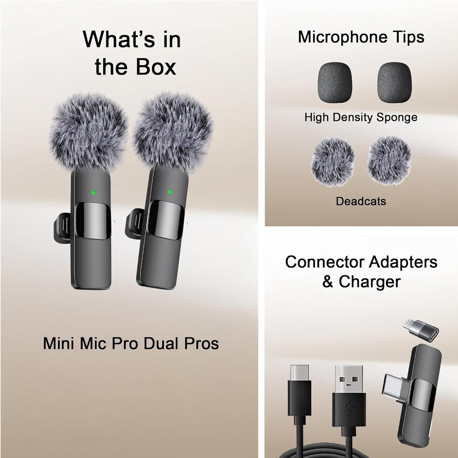 Wireless Microphone Set, Professional Wireless USB Rechargeable Mic, Directional Sensing Lavalier Microphone, Rechargeable Lapel Mic, Recording Microphone for Interview, Audio for Podcast, Vlog, Video
