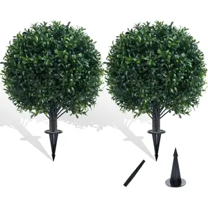 Chillchard Artificial Boxwood Topiary Ball Bush for Outdoor with Spike, UV Resistant Faux Boxwood Ball Tree with Stake for Outside Set of 2, Weatherproof Round Fake Shrubs for Entryway Front Porch