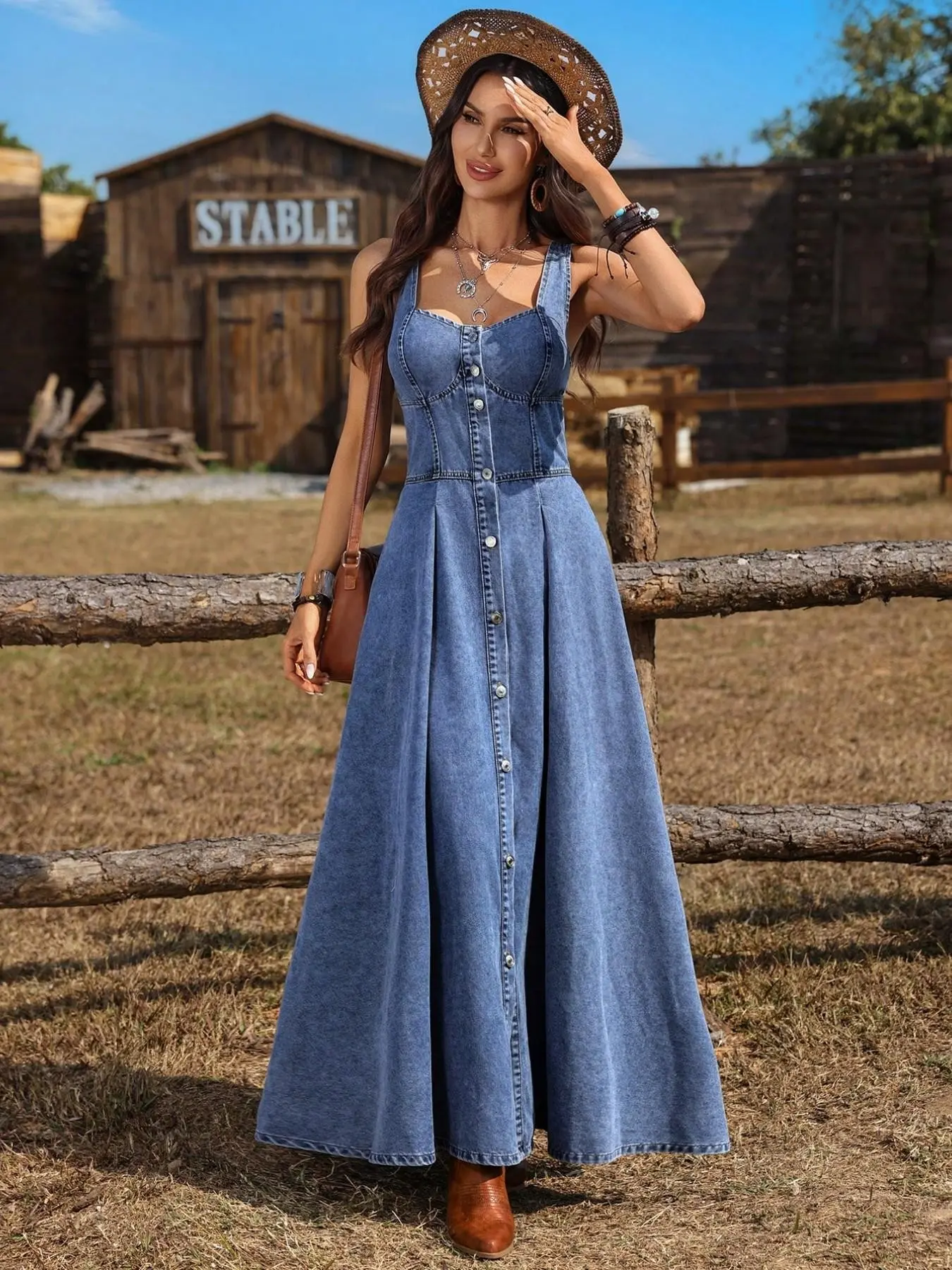 Women's Boho Split Dress, Sleeveless Washed Denim Midi Button Dress, Summer Essential, Elegant Office Wear, Coachella Festival Style