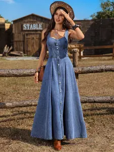Coachella Music Festival Boho Chic Dress, Summer Essential, Split Design Sleeveless Washed Denim Dress, Elegant Commute, Style
