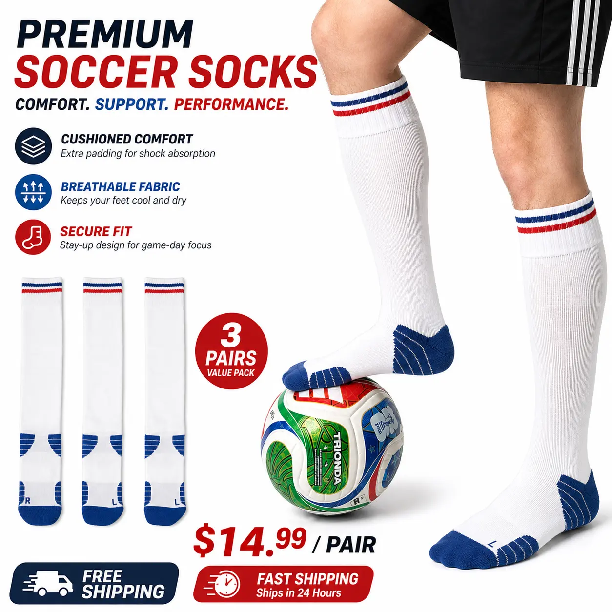 JUPICHUBI Unisex 3-Pair Pack Premium Pro Anti-Slip Tube Knee-High Soccer Socks, Nylon Blend, Thick Cushioned Terry, Seamless Toe, Breathable Mesh, High-Grip Energy Sole, Machine Wash for Football Training, Match Day, Unisex Wear