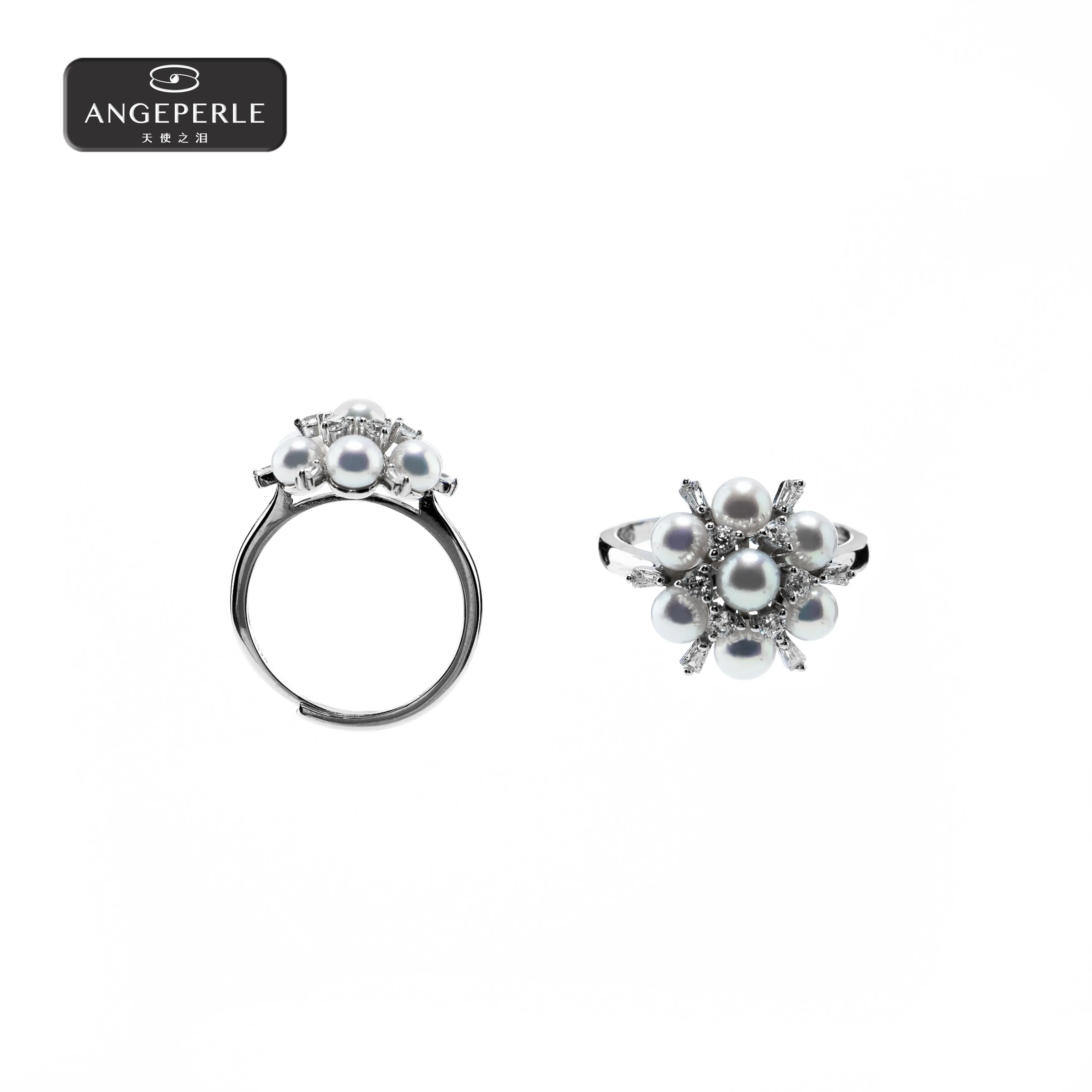ANGEPERLE S925 Sterling Silver Freshwater Pearl and Gablily Pearl Hydrangea Ring 4-5mm TSSLF218