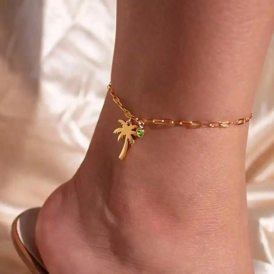 Women's Gold-Plated Stainless Steel Coconut Palm Tree Birthstone Anklet - Ankle Anklets for Summer, Birthday Gift Costume Jewelry, Birthstone Anklets