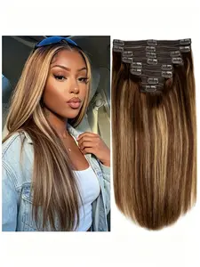 8Pcs Thick Double Weft Clip In Real Human Hair Extensions Brazilian Remy Hair #4/27 Chocolate Brown To Honey Blonde Ombre Color Natural Soft Weft Hair Pieces For Women