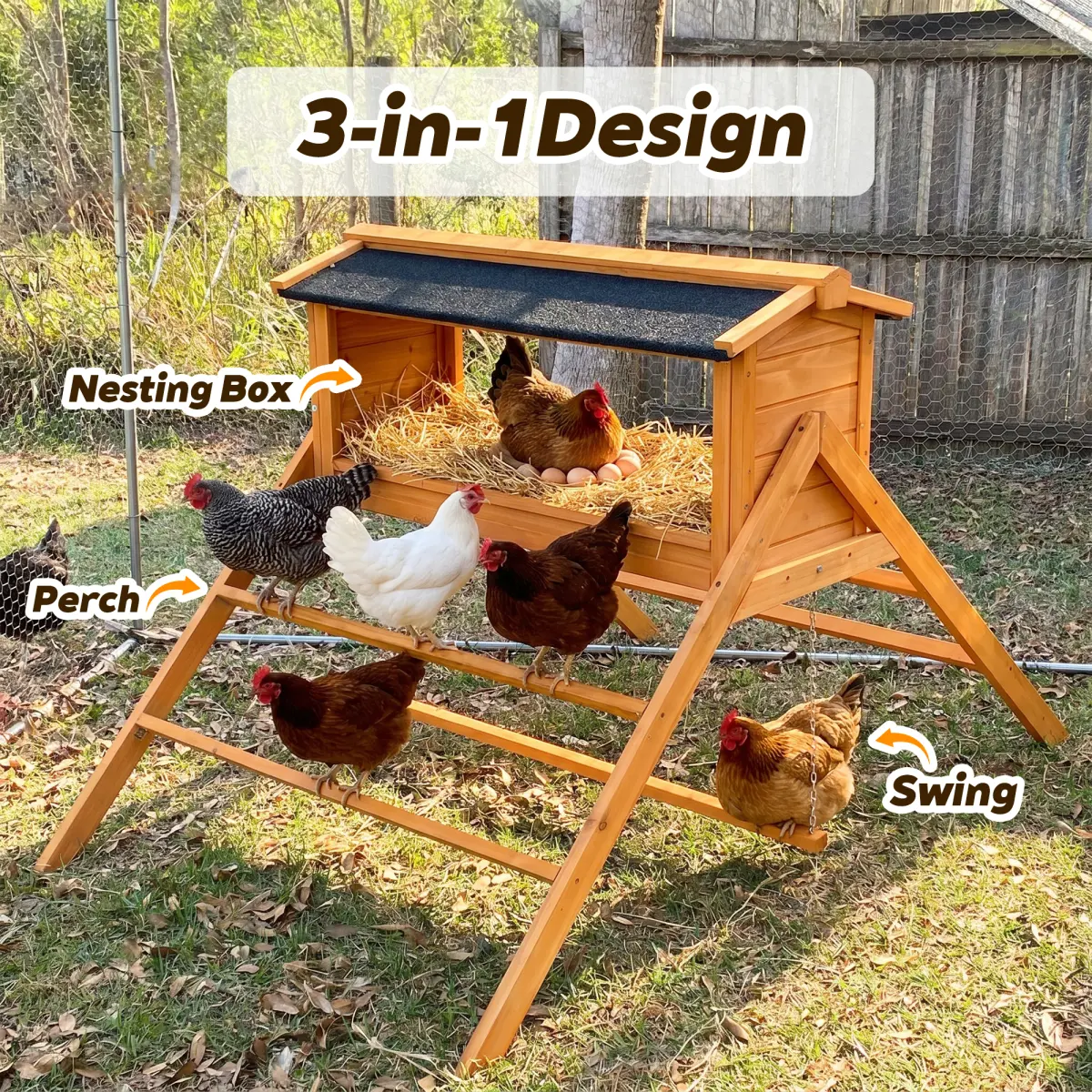 3-in-1 Solid Wood Chicken Nesting Box with Waterproof Asphalt Roof, Chicken Perch Roosting Swing, Large Poultry Laying Station, Chicken Coop Accessories for Backyard Hens Ducks Brooders Indoor Outdoor Use