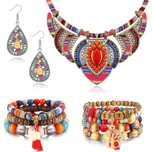 4Pcs Boho Jewelry Set for Women, Ethnic Outfit Accessories, Multi-Layer Bohemian Necklaces, Stretch Beaded Bracelets, Vintage Boho Cubic Zirconia Earrings