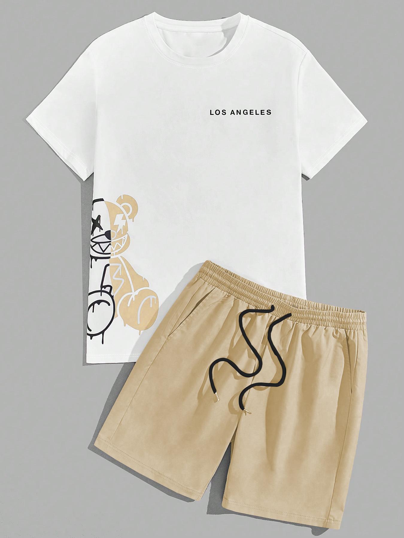 Two-Piece Set Men's Cartoon Bear & Letter Graphic Print Short Sleeve Tee & Shorts Set, Regular Fit Casual Round Neck T-shirt & Track Shorts, Summer Clothes Set for Men