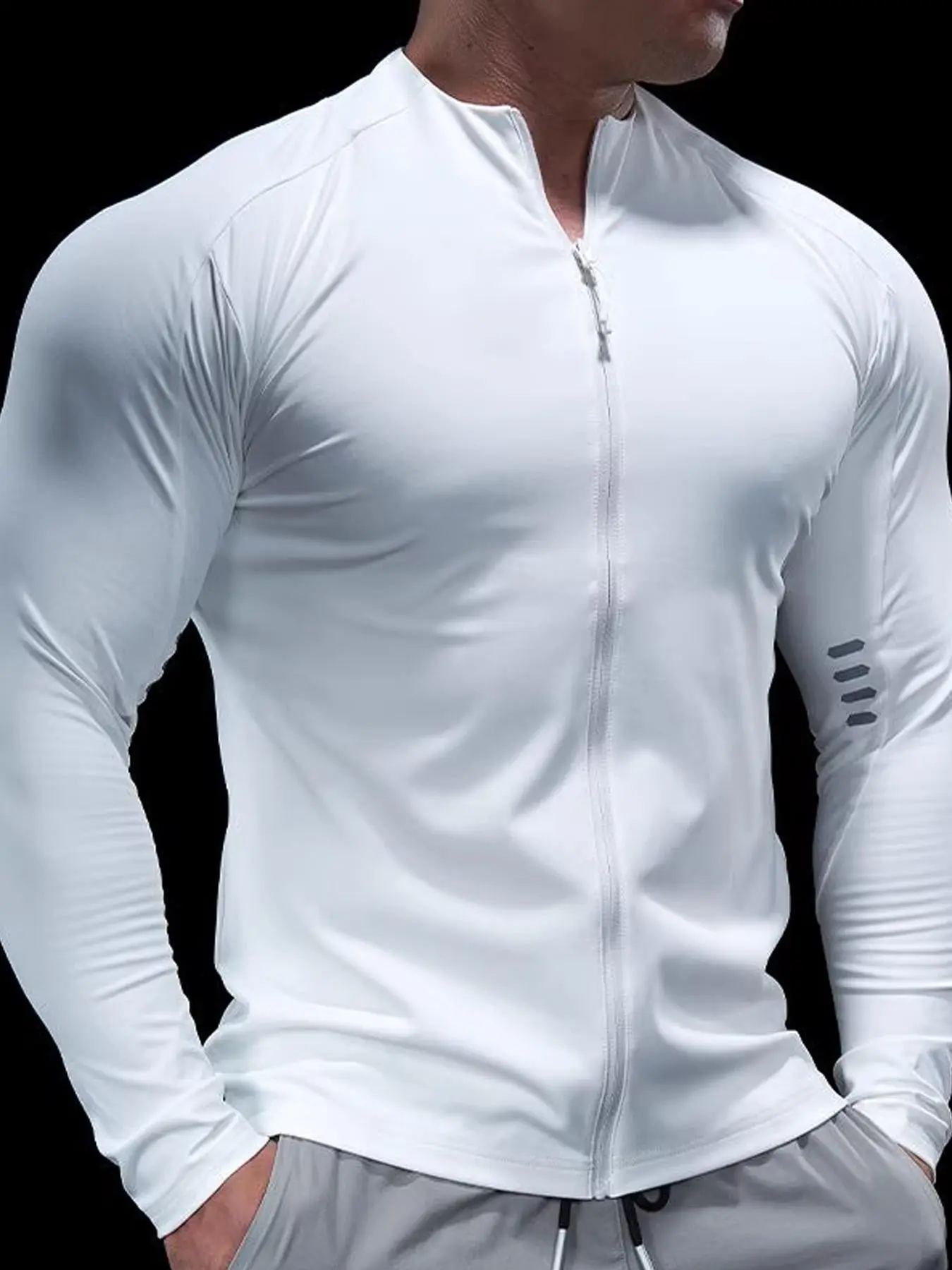 Men's Full Zip Fitness Jacket, Workout Jackets, Stand Collar Quick-Dry Elastic Sport Top, Reflective Sleeve Design, Gym Running Training Outdoor Coat