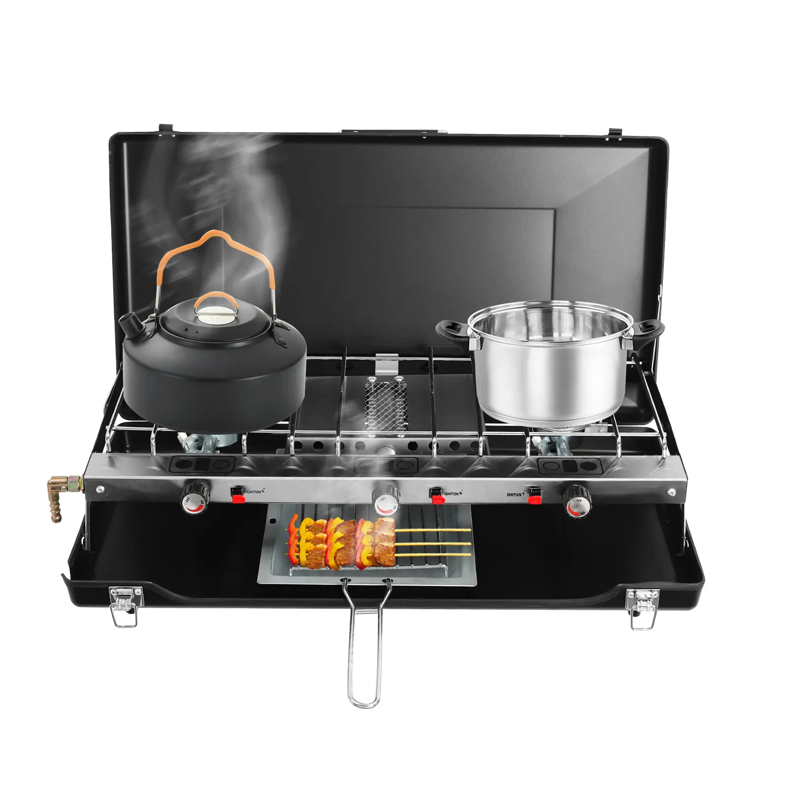 Portable 3-Burner Rectangular Tabletop Gas Stove - 4.5KW Piezo Ignition, No Assembly, Tabletop Mount, Outdoor Cooking Equipment with Leak Check for Camping, Barbecues