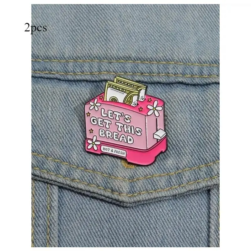 Summervibes 2 Pcs Cartoon Bread Machine Alloy Lapel Pin, Letter Pattern Metal Brooch For Unisex Adults Backpack, Clothing Daily Outfit And All Season Casual Decor