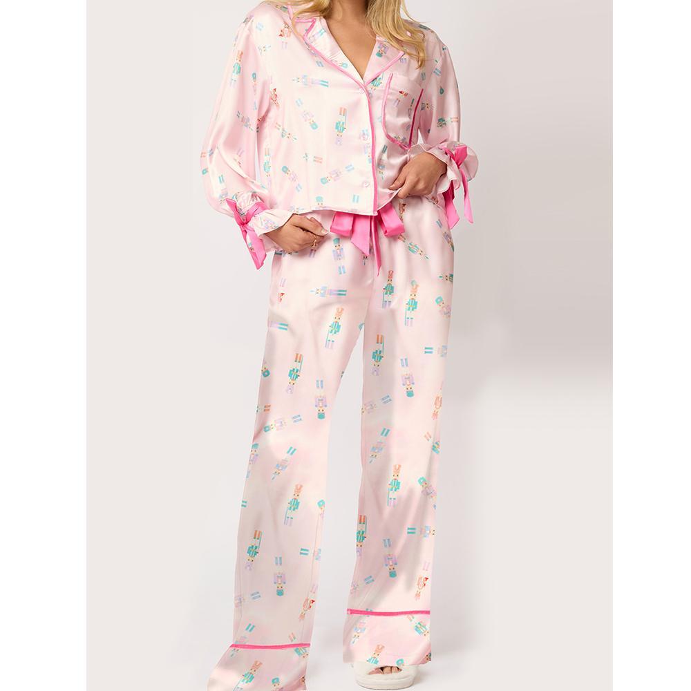 Women 2 Piece Christmas Pajamas Set Bow Tie Santa Claus Long Sleeve Button Shirts Wide Leg Pants Cute Pjs Sets Xmas Sleepwear