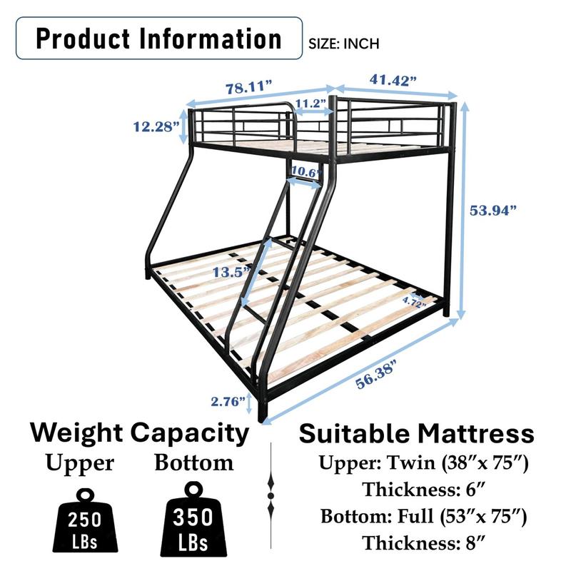 Metal Twin over Full Bunk Bed/ Heavy-duty Sturdy Metal/ Noise Reduced/ Squeak Free/ Wooden Slat/ No Box Spring Needed