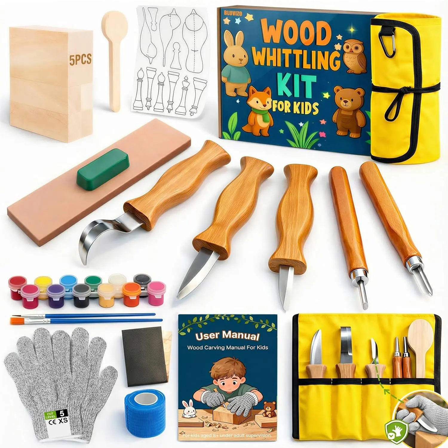 Wood Carving Whittling Kit for Kids: Round-Tip Knife Set with Bag| Supervised Starter Tool Projects, Cut-Resistant Gloves & Tape, Sanding and Painting Extras, Gift-Ready Bundle