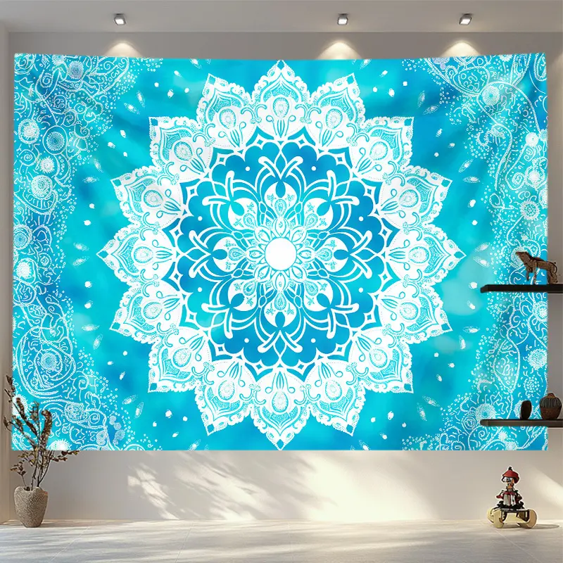Zen Harmony, Bohemian Mandala Wall Tapestry - Aesthetic Indian Hippie Decor, Blue Psychedelic Art for Living Room & Home