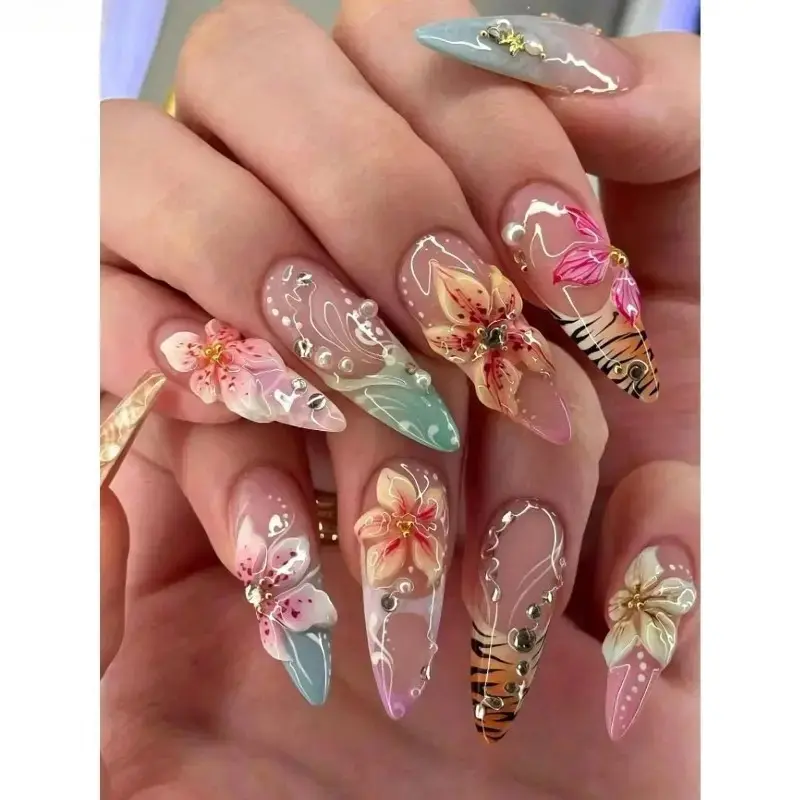 24Pcs Long Almond Press On Nails, 3D Embossed Flower & Tiger Pattern Fake Nails Decorated With Rhinestone & Pearl Ornaments, Trendy Y2K Gyaru Style Reusable Acrylic Nail Tips Ideal Glam Accessory For Party And Festival Makeup Matching