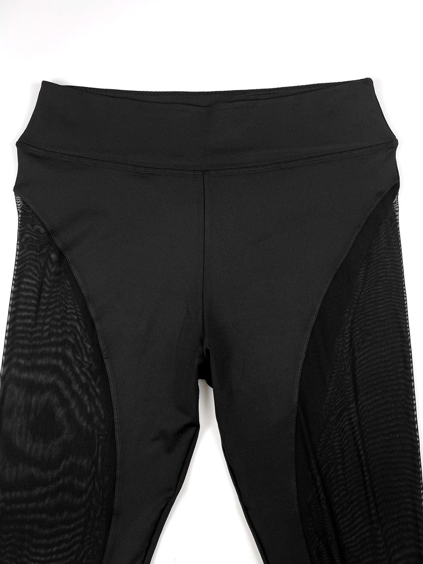 【Plus Size】Solid Color Contrast Mesh Leggings, Casual Comfy Breathable High Waist Skinny Pants for Yoga Gym Workout, Women's Bottoms for All Seasons